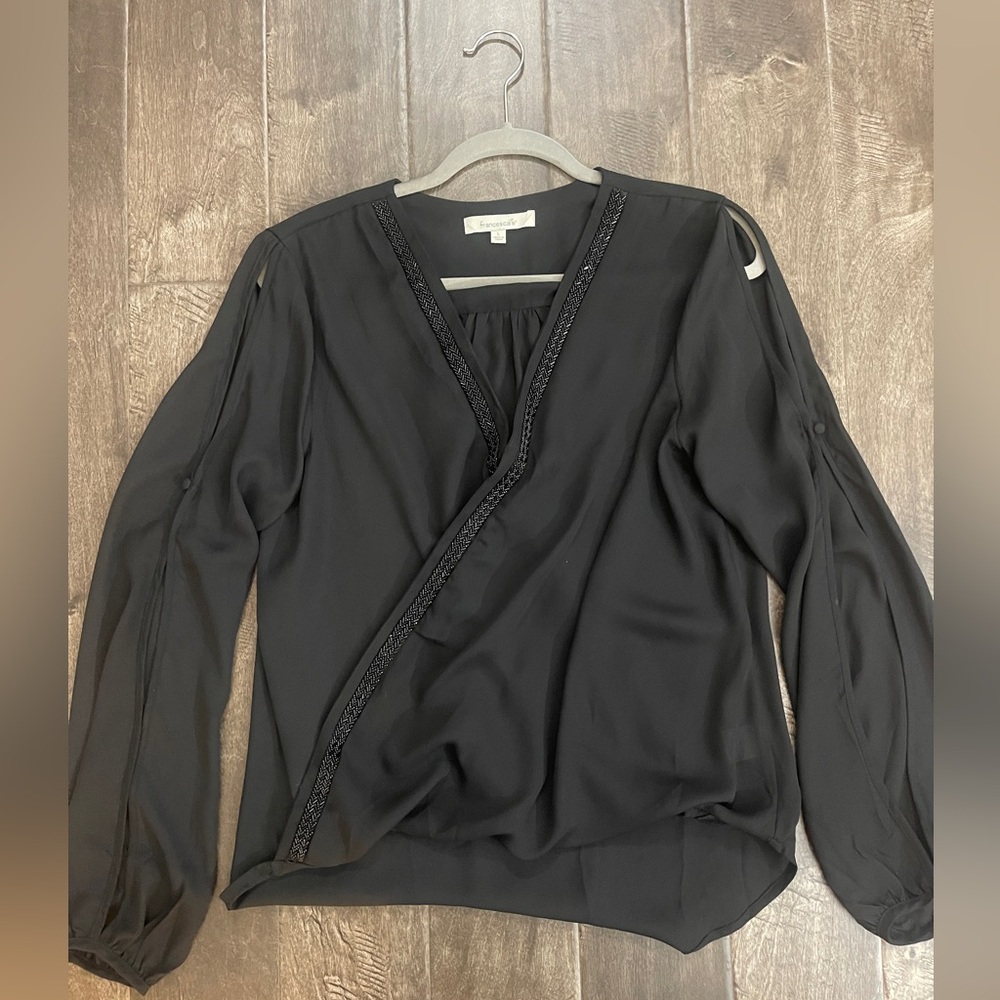 Elegant Black Women's Top with Beaded trim and peekaboo sleeves